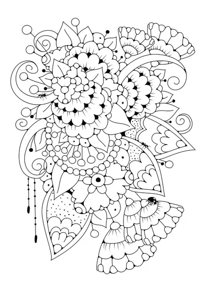 El çizimi arka plan. Boyama kitabı, yetişkin ve büyük çocuklar için sayfa. Siyah ve beyaz soyut çiçek desenleri. Vektör çizimi. Meditasyon için tasarım.