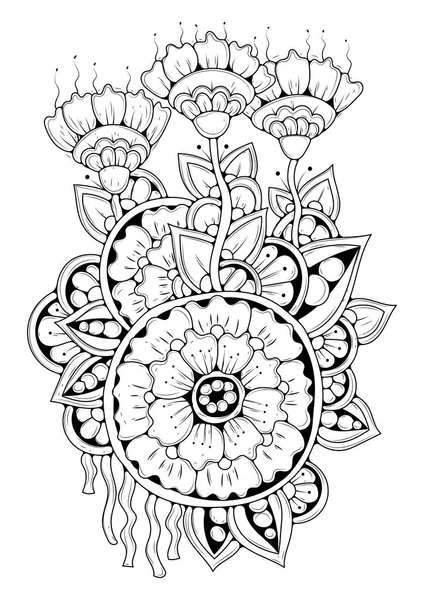 手描きの背景 ぬりえ本 大人と高齢者の子供のためのページ 黒と白の抽象的な花模様 ベクトルイラスト 瞑想のためのデザイン — ストックベクタ