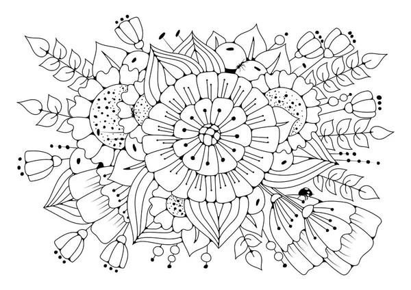 El çizimi arka plan. Boyama kitabı, yetişkin ve büyük çocuklar için sayfa. Siyah ve beyaz soyut çiçek desenleri. Vektör çizimi. Meditasyon için tasarım.