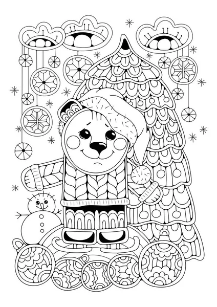 Noel, çocuklar ve yetişkinler için yeni yıl boyama sayfası oyuncak ayı, kardan adam, Noel ağacı resmi.