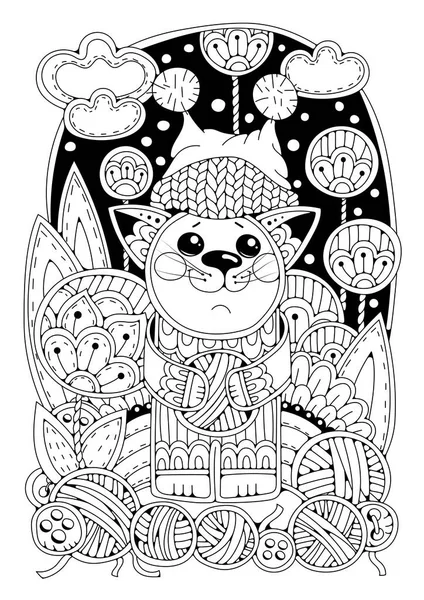 Page Coloriage Pour Adultes Enfants Beau Chat Dans Chapeau Tricoté — Image vectorielle