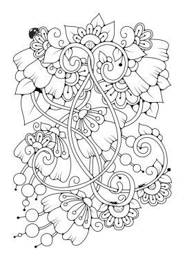 El çizimi arka plan. Boyama kitabı, yetişkin ve büyük çocuklar için sayfa. Siyah ve beyaz soyut çiçek deseni.