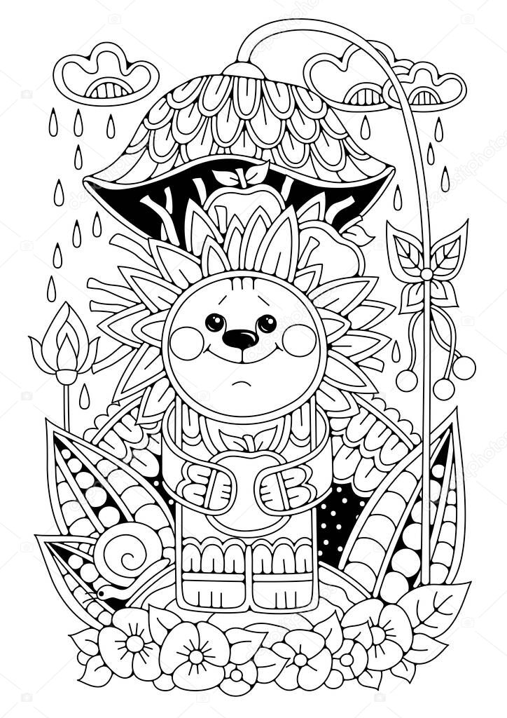 Coloring page for children and adults. The picture shows a cute hedgehog with apples. A cartoon character smiles and stands under an umbrella flower on a rainy day. The illustration can be used as a tattoo or print on fabric.