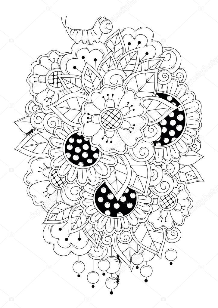 Vertical coloring page for children and adults, black-white background. Vector illustration for coloring with pencils, paints, felt-tip pens. Picture with the image of flowers, caterpillars, ants for printing on paper, fabric, tattoo, henna.