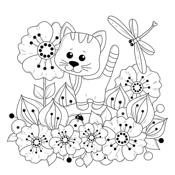 Página Coloração Horizontal Para Crianças Adultos Ilustração Vetorial Com Flores — Vetor de Stock