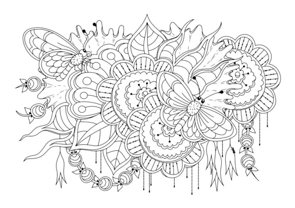 Çocuklar ve yetişkinler için boyama sayfası. Çiçekli, kelebekli ve karıncalı vektör çizimi. Renklendirme, dövme, kumaş ya da kağıt üzerine baskı için siyah-beyaz arkaplan.