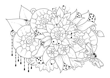 Çiçekli, yusufçuk ve karıncalı çocuklar ve yetişkinler için yatay boyama sayfası. Vektör illüstrasyonu, siyah-beyaz arkaplan.