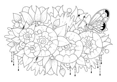  Çiçekli, kelebekli ve karıncalı yatay boyama sayfası. Vektör illüstrasyonu, siyah-beyaz arkaplan.