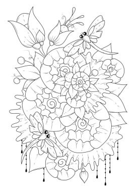 Çiçekler ve yusufçukların olduğu dikey boyama sayfası. Vektör illüstrasyonu, siyah-beyaz arkaplan.