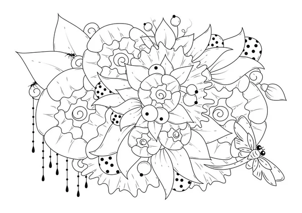 Página Horizontal Para Colorear Para Niños Adultos Con Flores Libélula — Archivo Imágenes Vectoriales