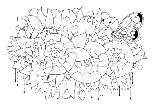  Çiçekli, kelebekli ve karıncalı yatay boyama sayfası. Vektör illüstrasyonu, siyah-beyaz arkaplan.