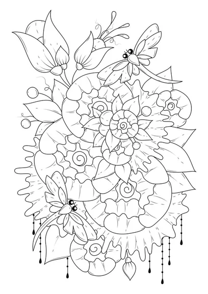 Çiçekler ve yusufçukların olduğu dikey boyama sayfası. Vektör illüstrasyonu, siyah-beyaz arkaplan.