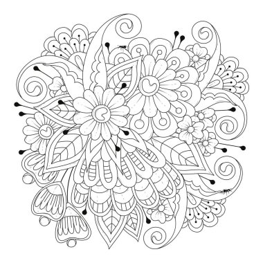 Siyah-beyaz arka plan. Soyut klasik çiçekler ve karıncalarla boyama sayfası. Renkler için vektör çiçek çizimi. Nakış, dövme, tasarım için desen.