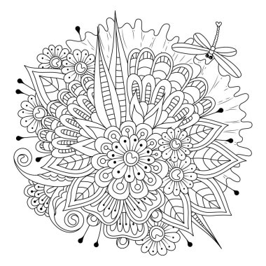 Çiçekler ve yusufçuk ile boyanmış kare sayfa. Siyah-beyaz arka plan. Renkler için vektör çiçek çizimi. Nakış, dövme, tasarım için desen.