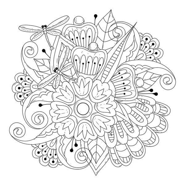子供と大人のためのぬりえページ 美しいベクトルの花やトンボ 着色のための黒と白の背景 タトゥー デザインのためのパターン — ストックベクタ