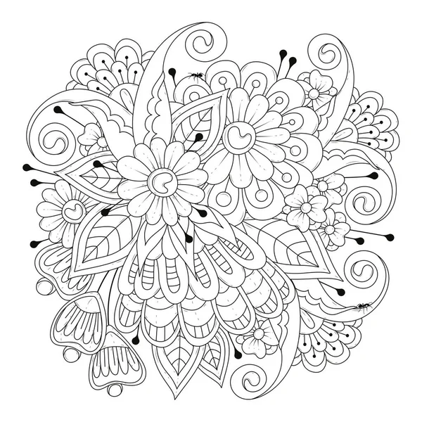 白の背景 抽象的なヴィンテージの花やアリと着色ページ 着色のためのベクトル花イラスト タトゥー デザインのためのパターン — ストックベクタ