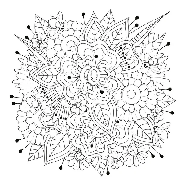 Coloring Page Children Adults Abstract Flowers Beetles Vector Background Coloring — Stock Vector