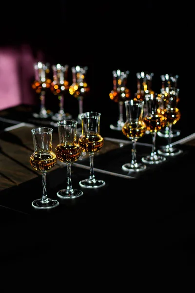 General view of whiskey tasting. Whiskey glass.