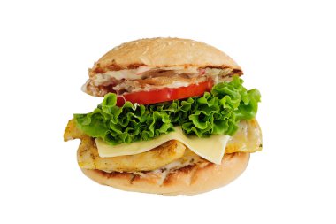 Beyaz arka planda izole edilmiş balıklı lezzetli bir burger.