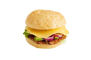 Sebzeli lezzetli burger ve beyaz arka planda izole edilmiş biftek.