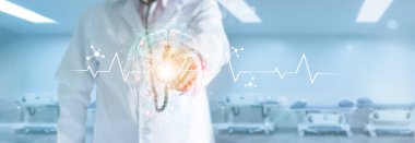 Doktor el dokunmaktan ve sonuç hastane arka plan, yenilik teknoloji bilim ve tıp kavramı içinde bilgisayar arayüzü ile test beyin kontrol stetoskop ile.