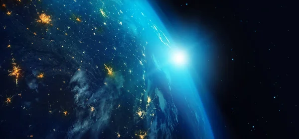 Aarde Vanuit Ruimte Met Licht Blauwe Zonsopgang Sterren Achtergrond Stad — Stockfoto