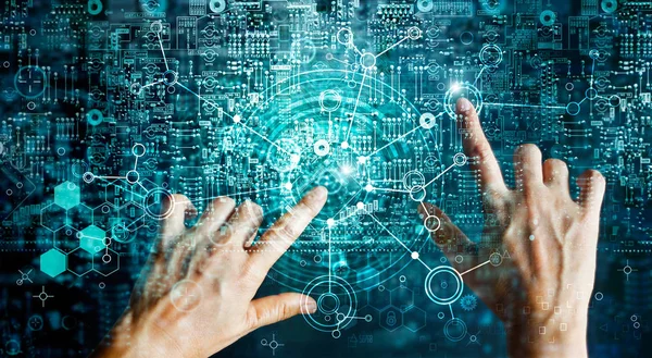 Innovative systems connecting people and intelligent devices. Futuristic technology networking and data exchanges connection and computer industry in telecommunication and internet development.