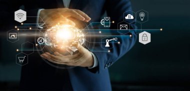 Arka plan, yenilikçi kalkınma geleceğin teknolojisi, bilim, yenilik ve iş fikir kavramı soyut beyin ve simge araçları, cihaz, müşteri ağ bağlantısı iletişim sanal tutunarak işadamı arabirim. 