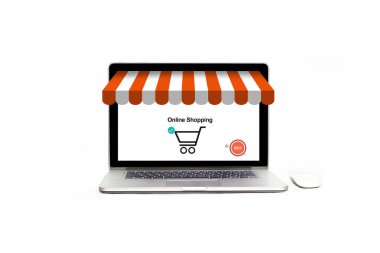 Online alışveriş kavramı. Simgesi ile açık dizüstü mağaza satın, ödeme ve iş pazarlama. Dijital online mağaza ve ağ bağlantısı izole beyaz arka plan üzerinde.