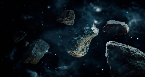 深宇宙の惑星に隕石 遠い太陽系の小惑星 科学フィクションの概念 — ストック写真