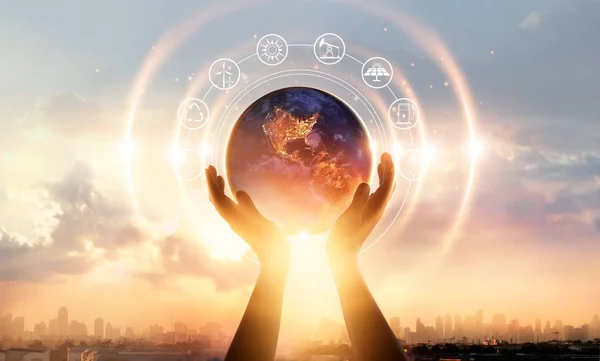 Abstract Science Hands Touching Earth Circle Global Network Connection Icon — Stock Photo, Image