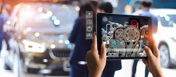 Conceito Realidade Aumentada Industrial Mão Engenheiro Segurando Tablet Usando Aplicativo — Fotografia de Stock