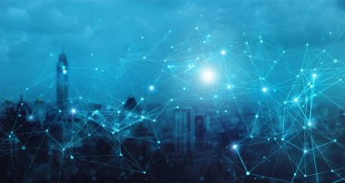 Kablosuz ağ bağlantısı konsepti ile modern şehir. Sosyal medya