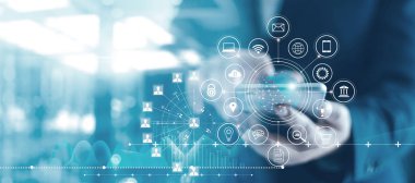 Ekip çalışması ağı, yönetim ve organizasyon bağlayan mobil akıllı telefon kullanarak İşadamı 