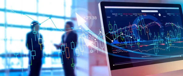 Finansiella data på skärmen. Abstrakt verksamhet. Investeringar och aktiemarknads vinst och vinst med diagram diagram, diagram, tillväxt — Stockfoto