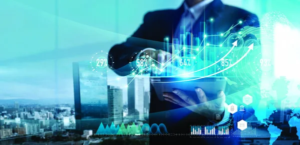 Digital marketing. Business strategy. Businessman using tablet analyzing sales data griwth graph chart — Stock Photo, Image