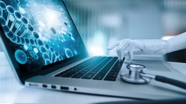 Tıbbi robot eli dizüstü bilgisayara dokunuyor ve insan DNA 'sı analiz ediyor.. 