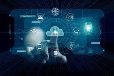 Sanal ekran, simge kilidi, teknoloji ve veri korumasında siber güvenlik kavramı, el ile bulut hesaplama ve simge ağı bağlantısına dokunmak. 