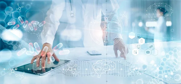 Medicine doctor analysis electronic medical record on interface display. DNA. Digital healthcare and network connection on hologram modern virtual screen, innovative, medical technology and network concept.