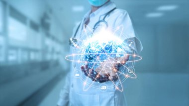 Virüsün salgınını engellemek için dünyanın dört bir yanında çalışan doktorlar, ikon tıp ve insanların sağlık hizmetleri küresel ağıyla dünyayı tutan doktorlar..