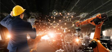 Akıllı fabrika endüstrisinde gerçek zamanlı veri izleme yazılımında makine mühendisliği kontrol ve kontrol robotu. Kaynak robotları ve üretim işlemleri. 