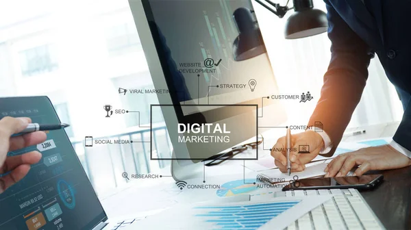 Digital marketing, Business team writing information and analysis sale data and graph growth, Banking, Strategy and planning of business on network connection, Solution analyzing and development contents.