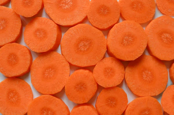 Patrón Zanahorias Zanahorias Crudas Picadas Piezas Redondas Naranja Hacen Patrón —  Fotos de Stock