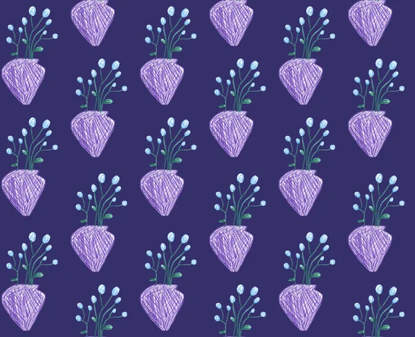 Krásný Vzor Fialovými Vázami Modrými Květy Ručně Kreslené Barevnými Pery — Stock fotografie