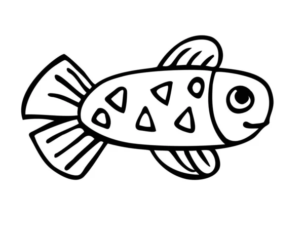 フィン 三角形のパターンを持つ小さな赤ちゃん魚 インクで描かれた赤ちゃん魚の文字の手 シンプルなスタイル 色のないベクトル — ストックベクタ