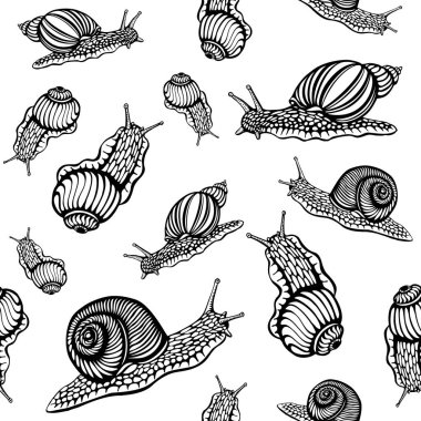 Mürekkepli Salyangozlar kusursuz desen - el çizimi eksikliği ve moda kumaşı baskısı, tekstil tasarımı veya duvar kağıdı için beyaz illüstrasyon