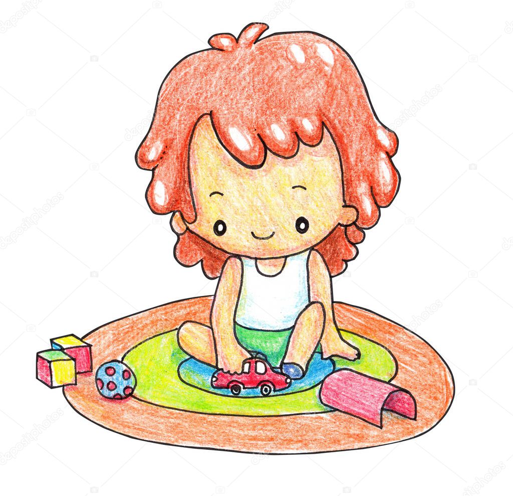 Little boy sitting on a round carpet, playing with toys - a car, tunnel, blocks, ball. Cute child illustration hand drawn with ink and color pencils, isolated on white