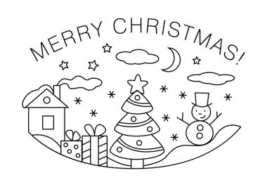 Mutlu noel kartı tasarımı - vektör çizgisi çizimi çizimi - ev, kar taneleri, köknar ağacı, kardan adam, hediye kutuları, bulutlar, ay, yıldızlar. Siyah beyaz tebrik kartı..