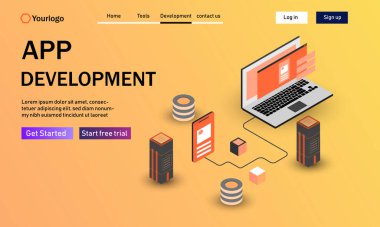 Uygulama geliştirme konsepti izometrik iniş sayfası, arkaplan vektör çizimi.