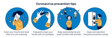 Koronavirüs önleme ipuçlarıyla pankart ve salgın sırasında güvenlik önlemlerini izleyen kız resimleriyle illüstrasyon. Kapsamlı önleme tavsiyesi, ağız, temiz eller ve yüzeyler, sosyal uzaklık